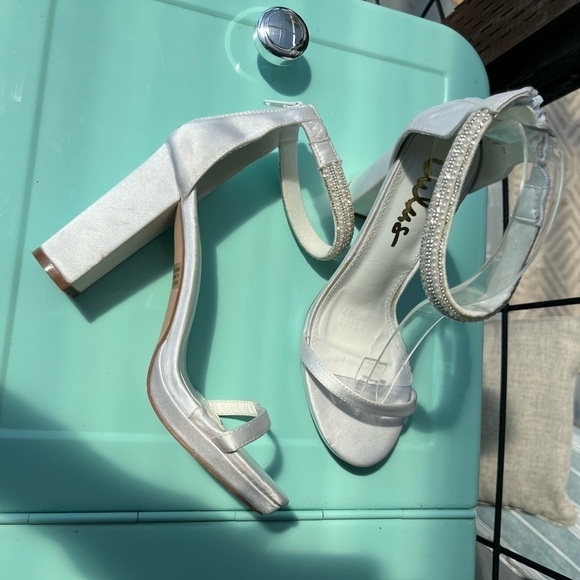 Lulu’s Delary White Satin Rhinestone Ankle Strap High Heel Sandals 7 - Picture 6 of 11
